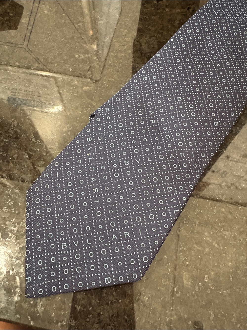 Bulgari Blue Geometric Silk Tie with Logo Pattern